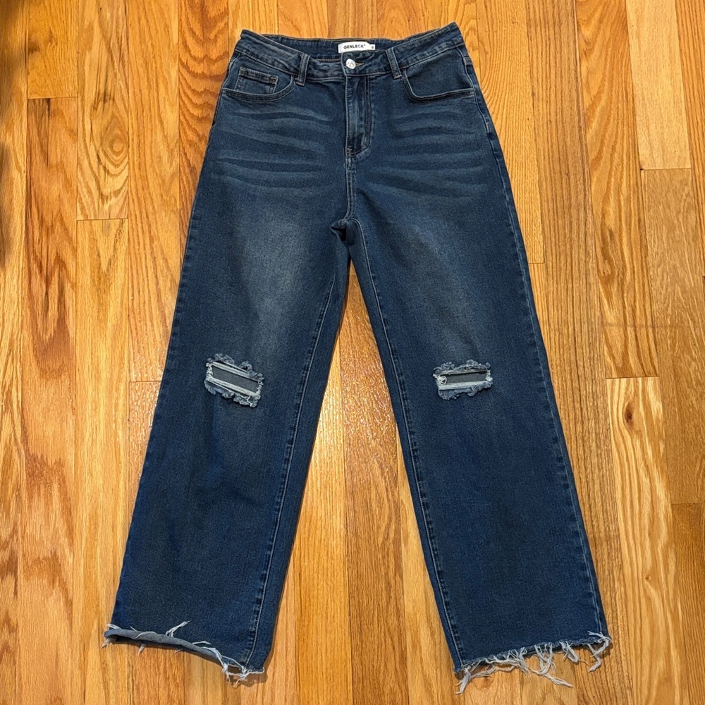 Genleck 10 high rise baggy wide‎ leg slightly Distressed Blue Jeans